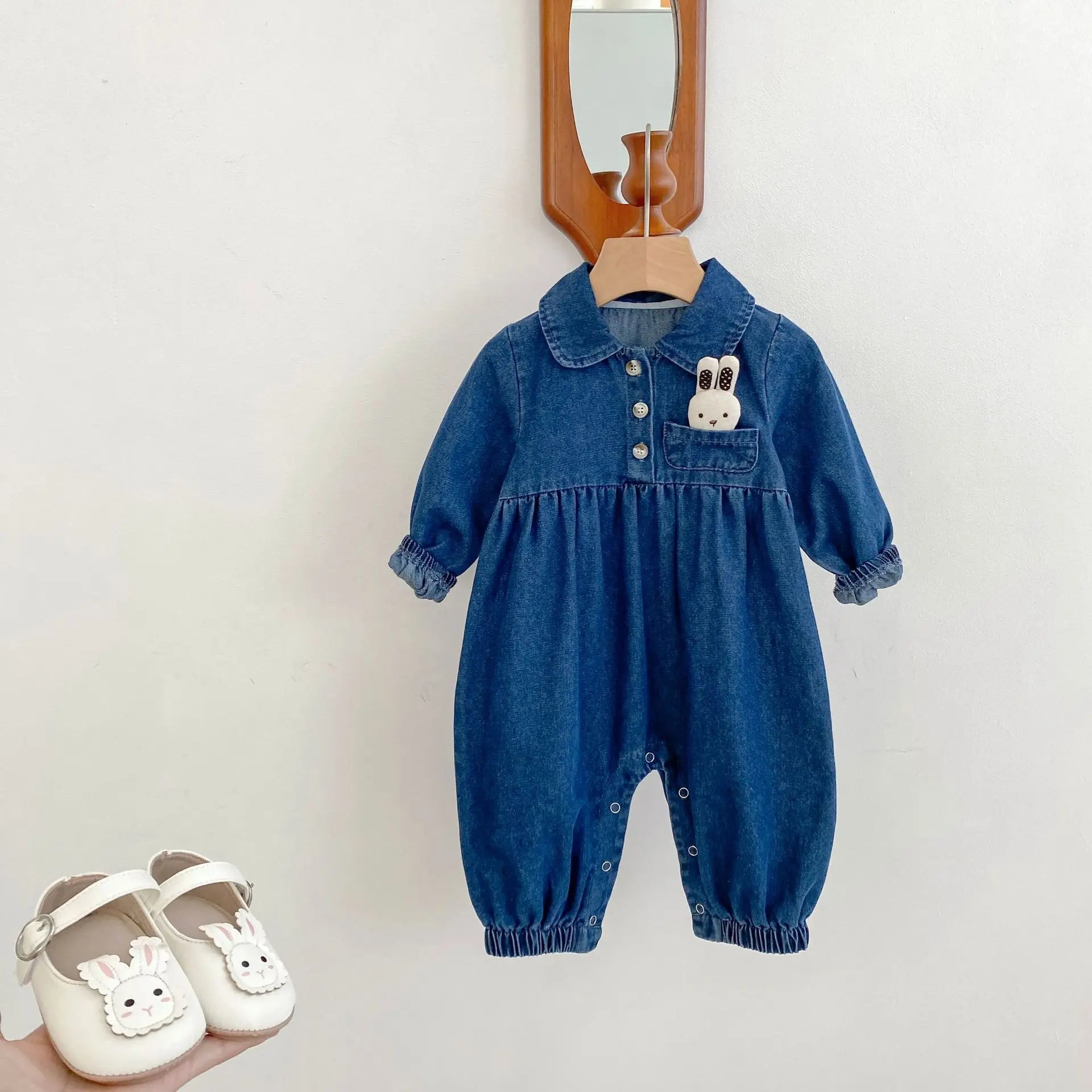 Autumn New 0-3 Year Old Baby Clothing, Doll Collar Long Crawling Korean Version Long Sleeved Denim Jumpsuit, Rabbit Doll