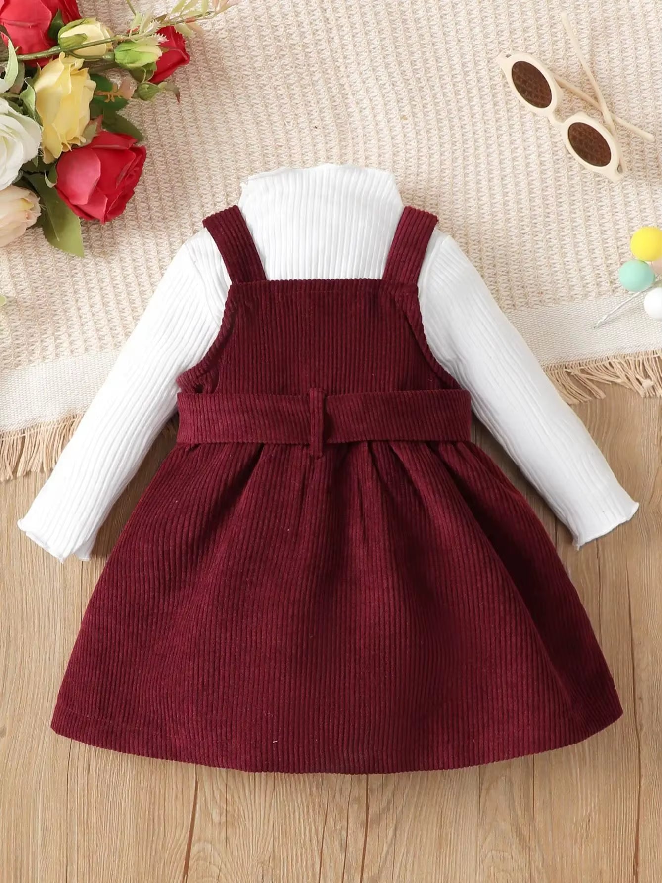 0-3-Year-Old Newborn Baby Girl Spring and Autumn High Neck Solid Color Long Sleeved Dress Set with Waist Wrap
