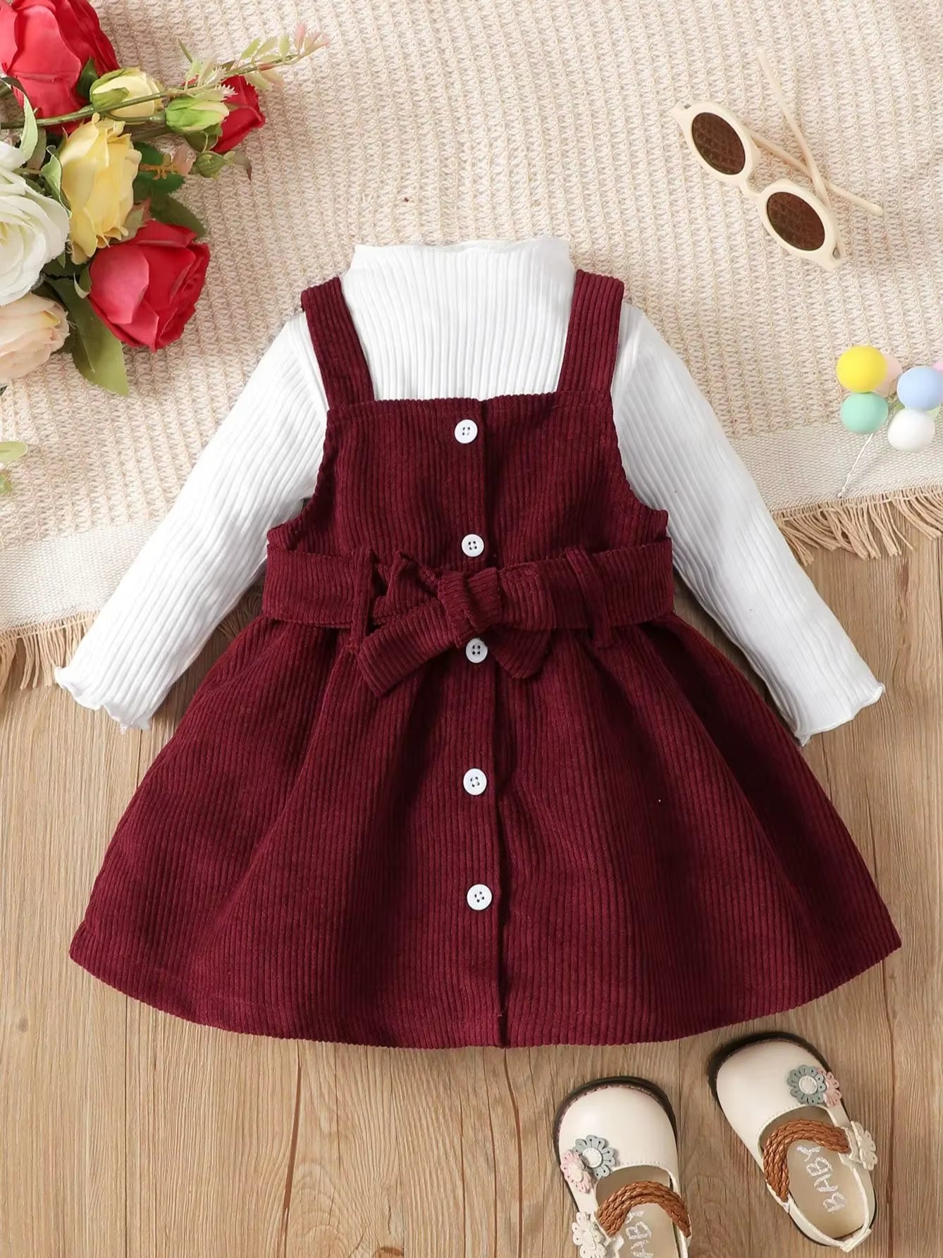 0-3-Year-Old Newborn Baby Girl Spring and Autumn High Neck Solid Color Long Sleeved Dress Set with Waist Wrap