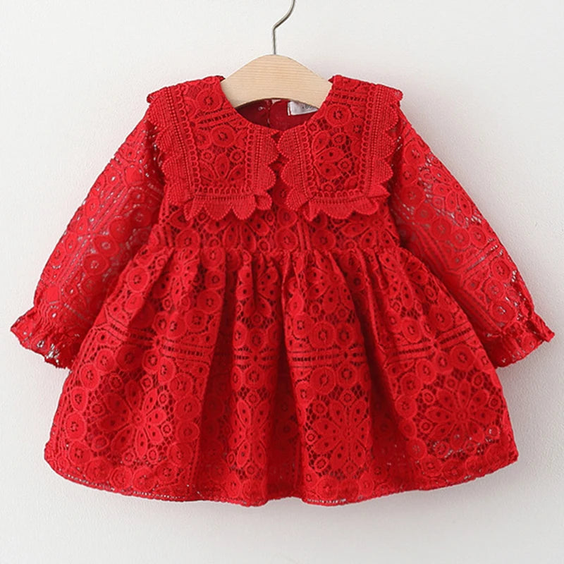 Spring Autumn Toddler Girl Clothes Korean Fashion Doll Collar Long Sleeve Lace Baby 1St Birthday Dresses Princess Dress BC050