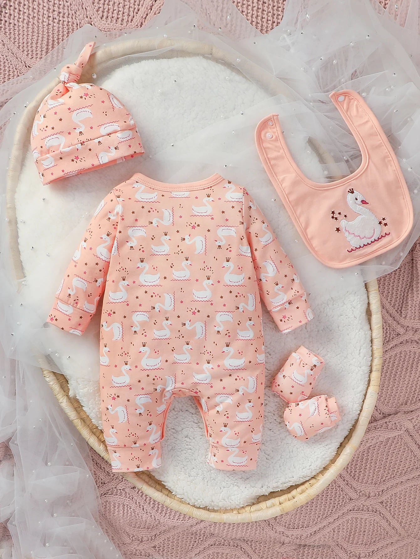 4Pcs 2024 Baby Clothes Cotton Newborn-6M Jumpsuit Cartoon Swan Print Girls Outfit Rompers Clothing+Hat+Bib+Gloves
