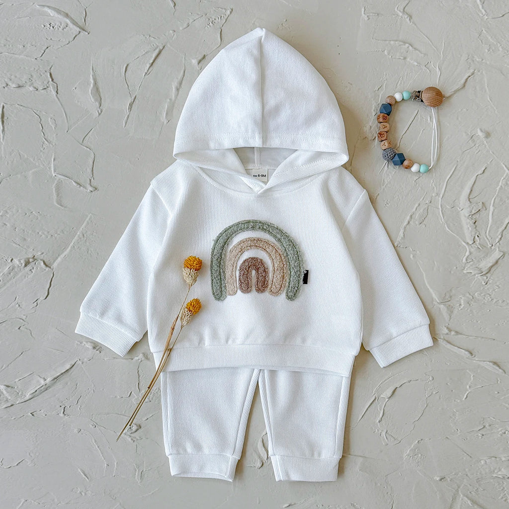Spring and Autumn New Rainbow Patch Cloth Long Sleeve Hoodie Long Pants Baby Clothes Casual Baby Two Piece Set Children