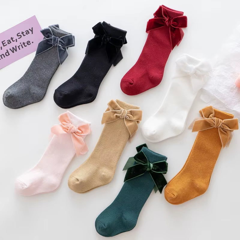 Classic cotton knee-high tights with velvet bow for newborns and babies (0-3 years)