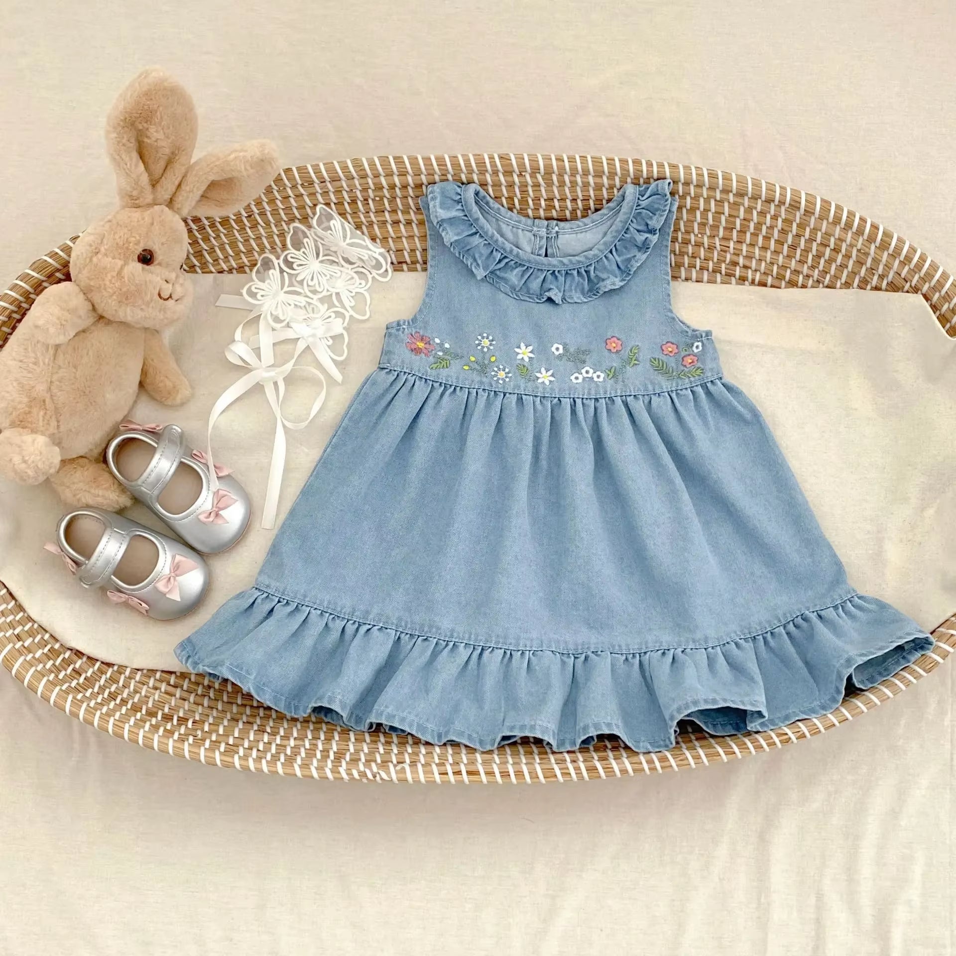 Ins 2025 Summer New Girl Baby Cowboy Dress Versatile Summer Outerwear Girls Embroidered Long Dress