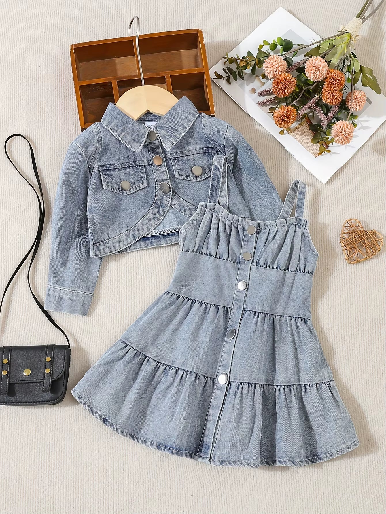 Autumn Baby Girl Long-Sleeved Denim Jacket + Strappy Cake Denim Skirt 2-Piece Outdoor Casual Denim Set