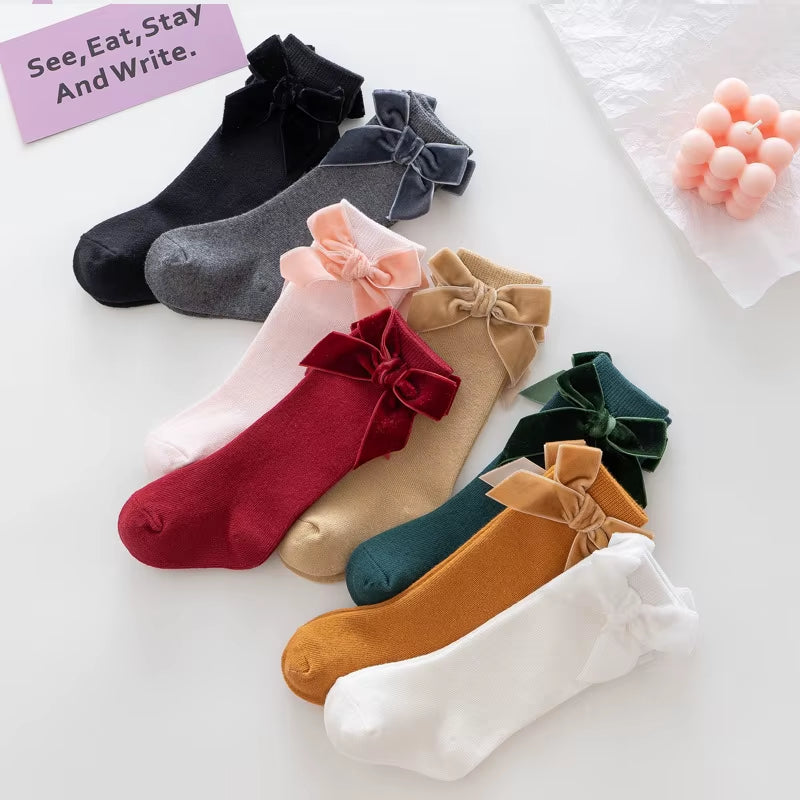 Classic cotton knee-high tights with velvet bow for newborns and babies (0-3 years)