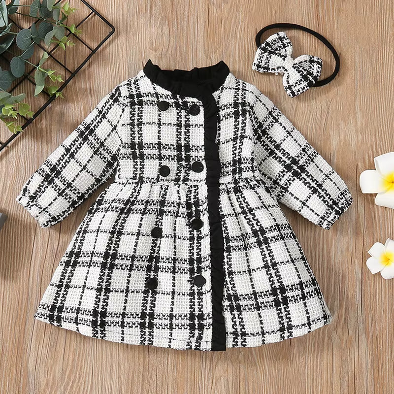 Autumn Kid Girl Dress Coats Fashion Plaid Long Sleeve Dress+Bow Headband Loose Infant Girl Frocks Toddler Outift Clothes A1346