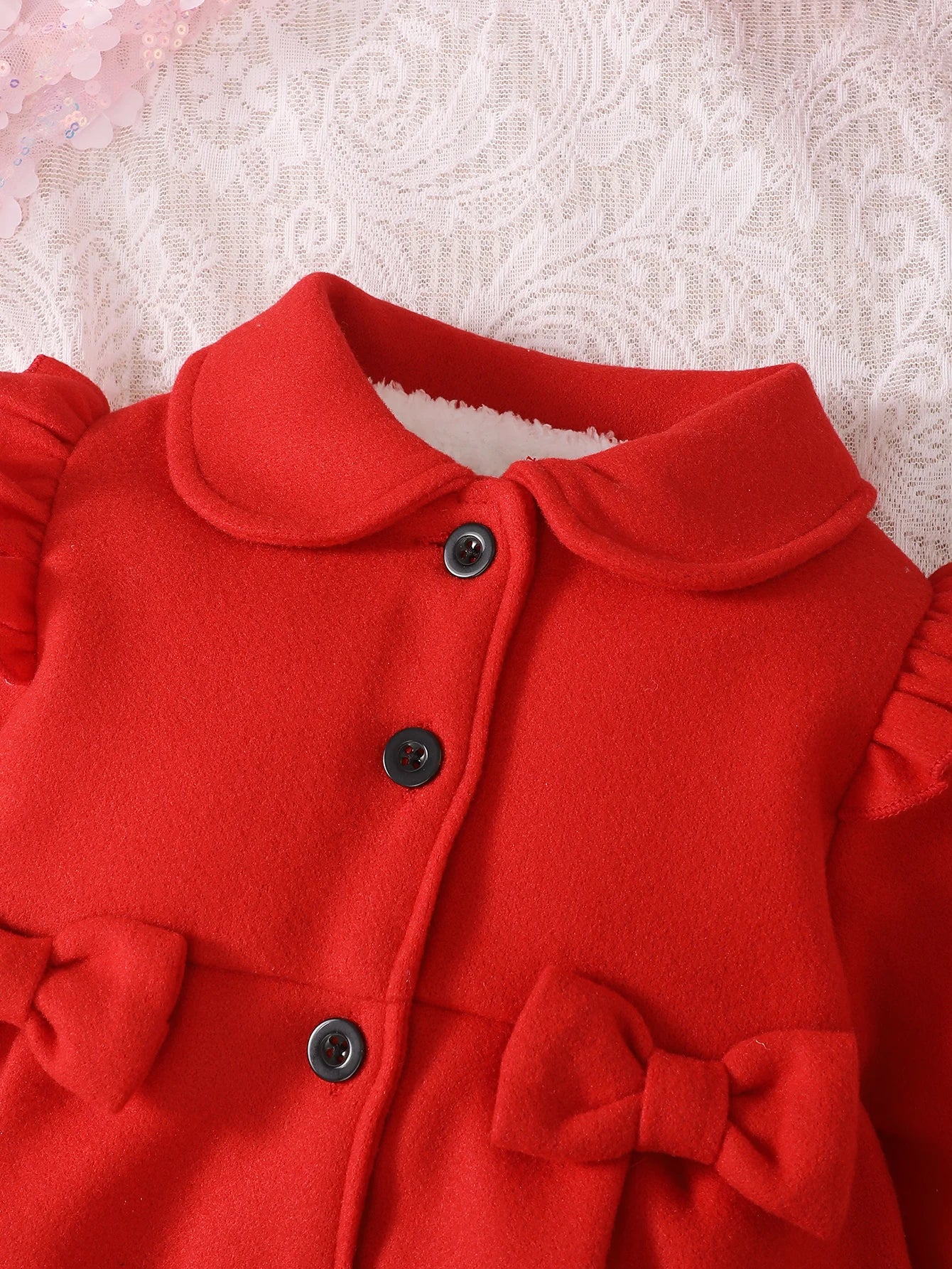 Baby Girls 6-24M Autumn and Winter Red Doll Collar Thick Long-Sleeved Woolen Coat Cute Bow Hat Everything with inside Plush Coat