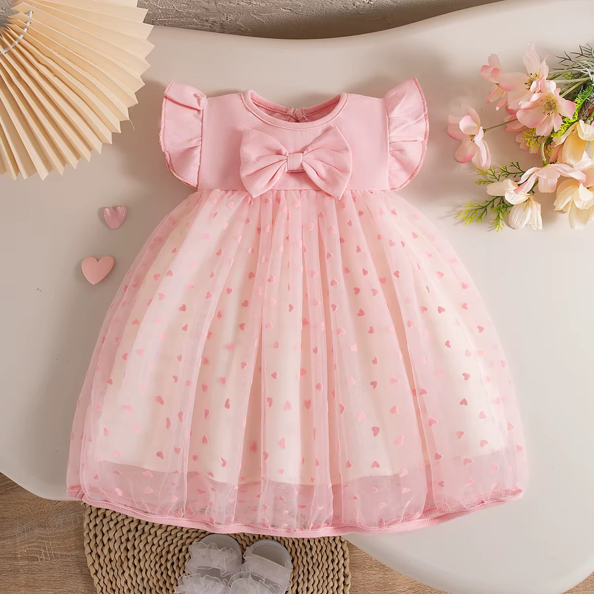 Baby Girl Dresses Summer New Flying Sleeve Love Embroidered Mesh Girl Dress Sweet Bow round Neck Baby Clothing