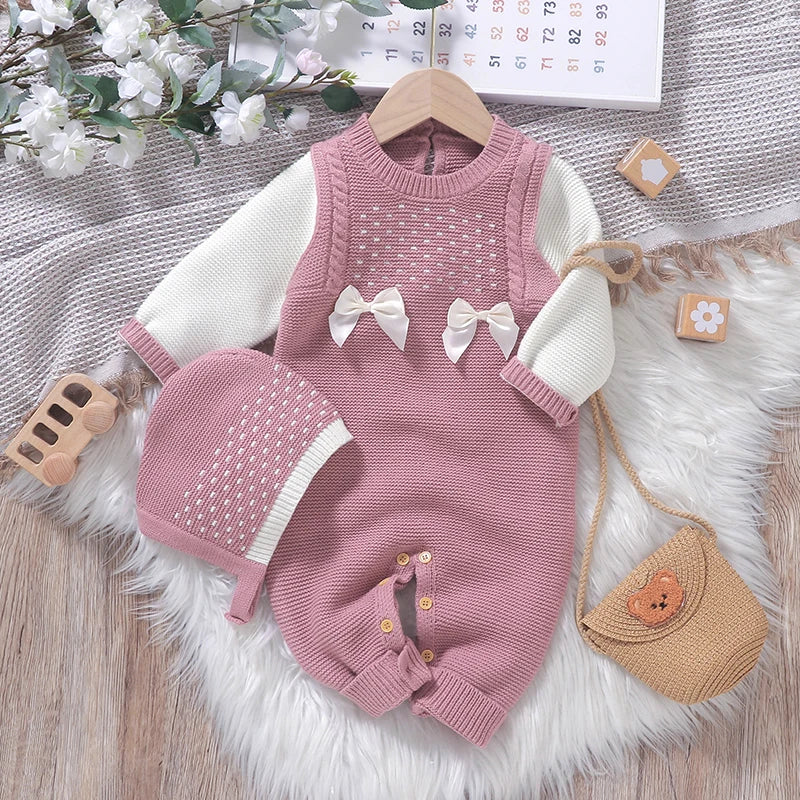 Baby Girl Rompers Autumn Pink Long Sleeve Knit Newborn Infant Jumpsuits Hats Outfits Set 0-18M Toddler Children Winter Playsuits