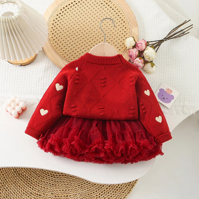 Spring Autumn 1-6Y Girls 2PCS Dress Set Heart Embroidery round Collar Kid Girl Sweater Toddler Baby Girls Mesh Bubble Skirt Suit