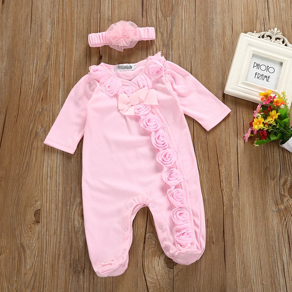 Spring Newborn Baby Girl Clothes 2Pcs Long Sleeve Lace Romper & Headband Set Cotton Flower Footies Newborn Baby Girl Gift