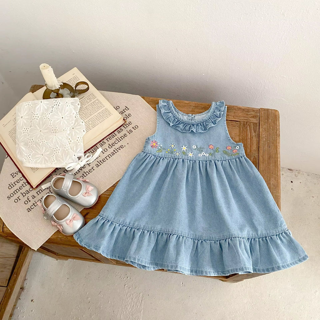 Summer New 0-3 Year Old Baby Clothing, Fashionable Denim Dress for Baby Girls, Embroidered Long Skirt