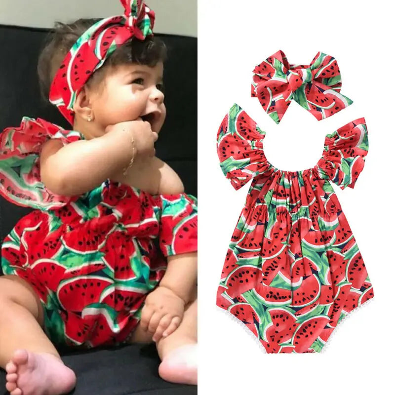 Newborn Girl Bodysuit Hairband Set Short Sleeve Watermelon Print Playsuits For Baby Girls Summer One_piece Rompers
