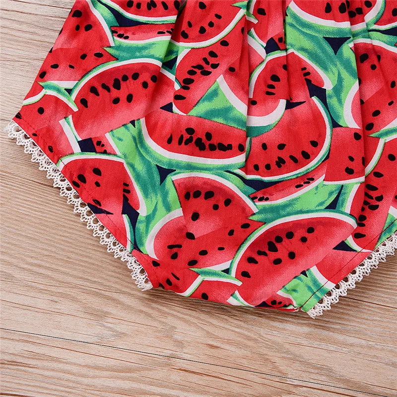 Newborn Girl Bodysuit Hairband Set Short Sleeve Watermelon Print Playsuits For Baby Girls Summer One_piece Rompers