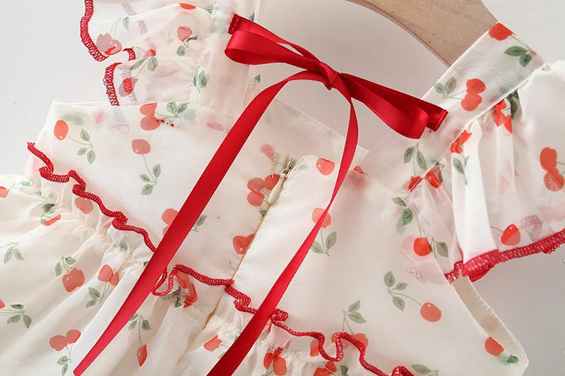 Baby 0-4 Years Old Summer New Sweet and Cute Bow Dress Dress Cherry Chiffon Skirt Girl Thousands of Net Gauze Idyllic Skirt