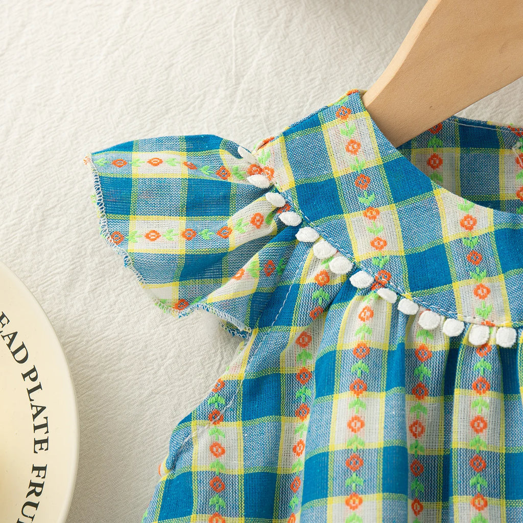 Baby Girl Dress Summer Blue Checkered Flower Cotton Girl Dress Cute Girl Princess Dress Baby Clothes Girl