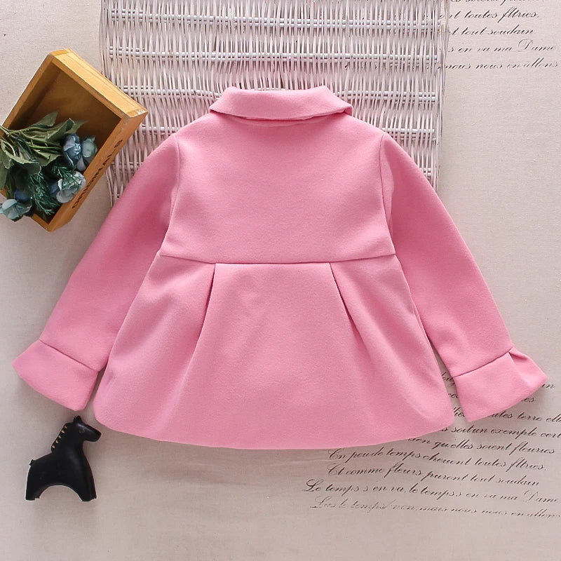 Spring and Autumn Dress Girl Baby Pink Sweet Warm Flip Collar Button Long Sleeved Woolen Coat Korean Edition Coat