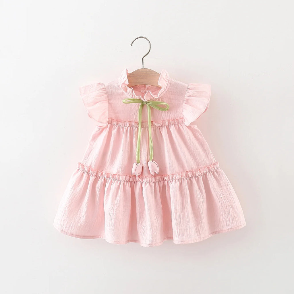 Summer Tulip Solid Small Flying Sleeves Dress for Kids Girl Cute Pink Princess Dress for Baby Kids