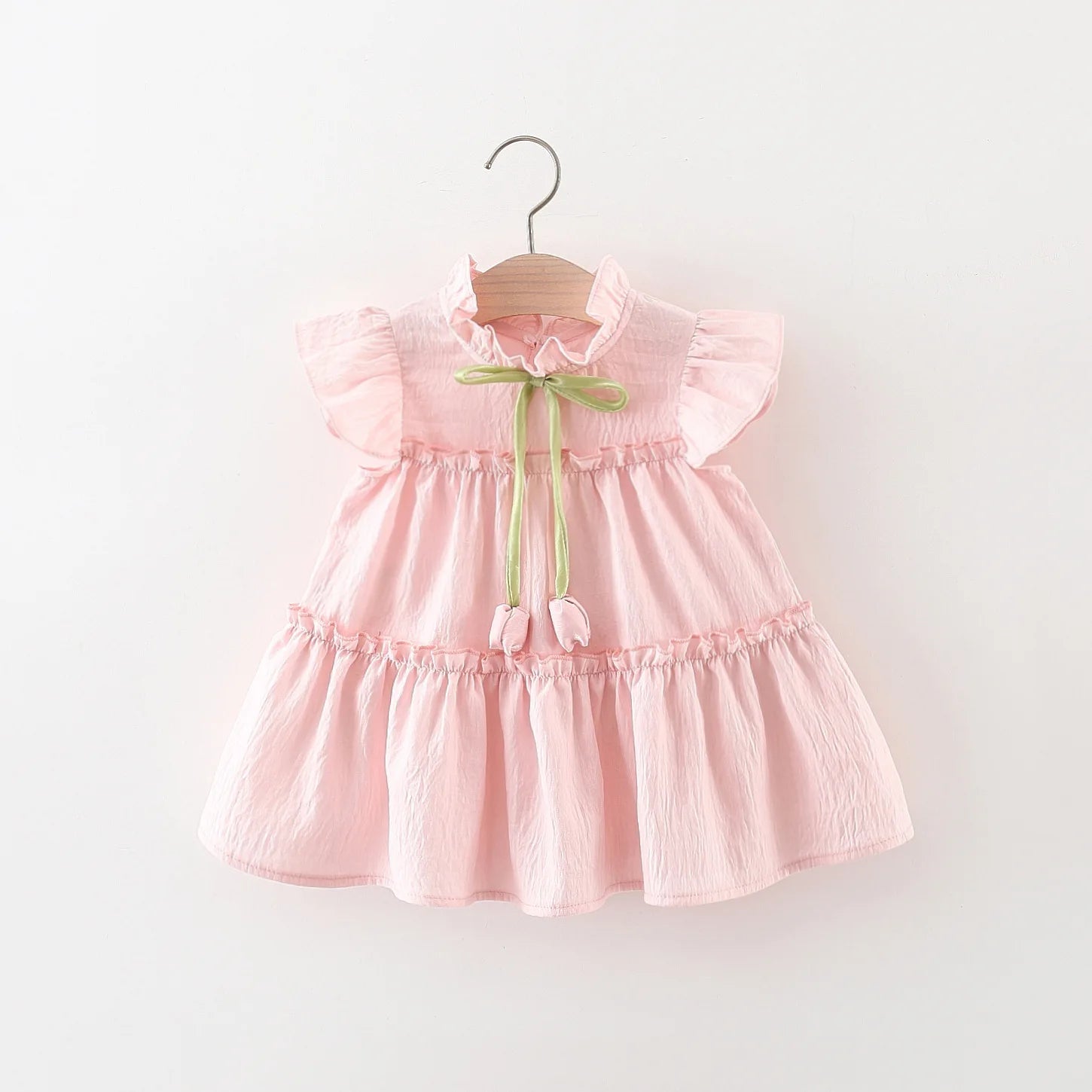 Summer Tulip Solid Small Flying Sleeves Dress for Kids Girl Cute Pink Princess Dress for Baby Kids
