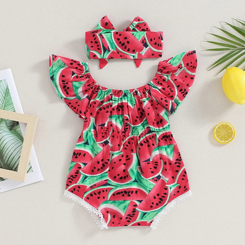 Newborn Girl Bodysuit Hairband Set Short Sleeve Watermelon Print Playsuits For Baby Girls Summer One_piece Rompers