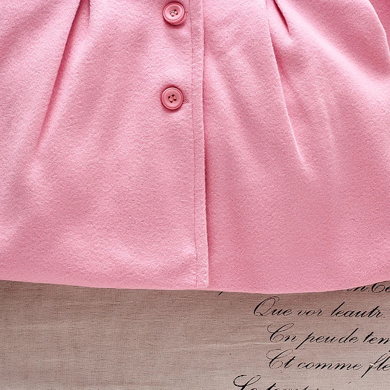Spring and Autumn Dress Girl Baby Pink Sweet Warm Flip Collar Button Long Sleeved Woolen Coat Korean Edition Coat