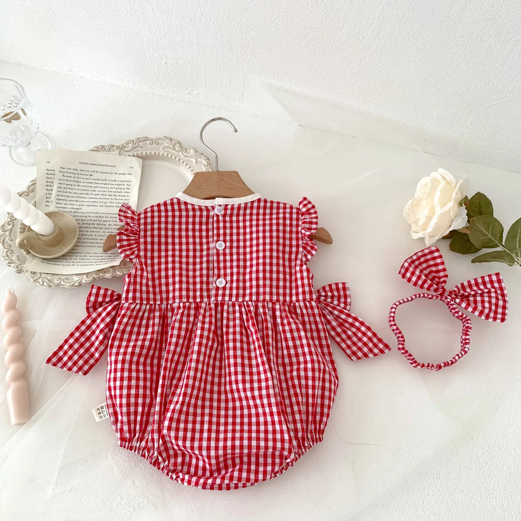 Summer Baby Girls Romper+Headband Newborn Red Plaid Strawberry Embroidery Summer Onesies Clothes Casual and versatile style