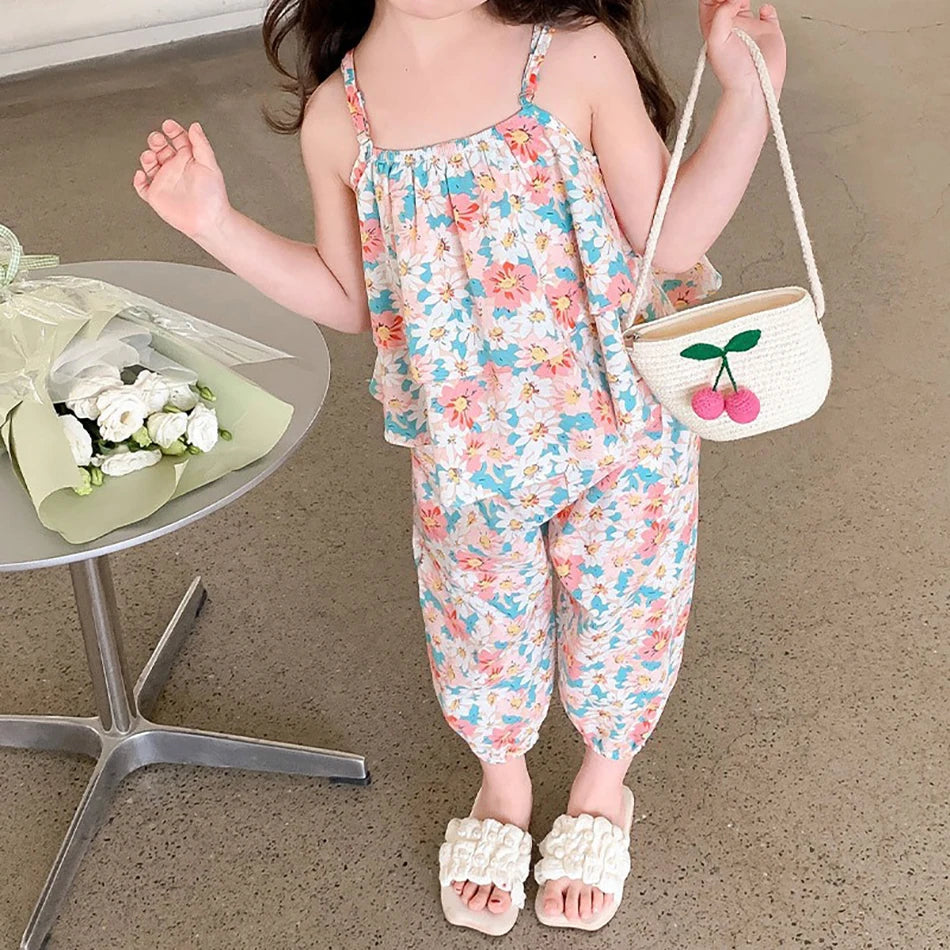 2Pcs 2025 Summer New Little Daisy Tank Tops Girls Sets Floral Baby Sleeveless Top Summer Soft Breathable Children'S Girl Clothes