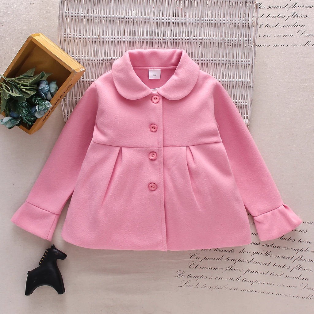 Spring and Autumn Dress Girl Baby Pink Sweet Warm Flip Collar Button Long Sleeved Woolen Coat Korean Edition Coat