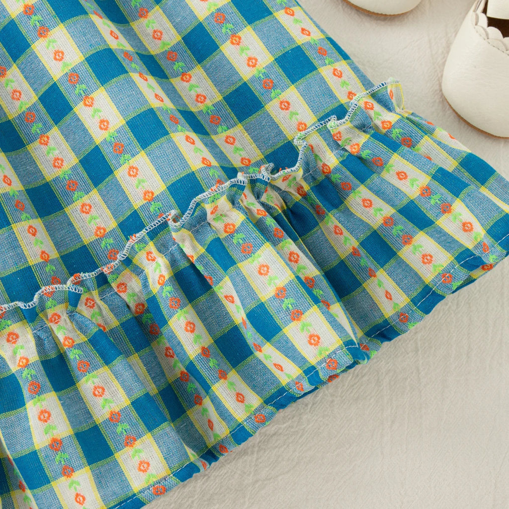 Baby Girl Dress Summer Blue Checkered Flower Cotton Girl Dress Cute Girl Princess Dress Baby Clothes Girl