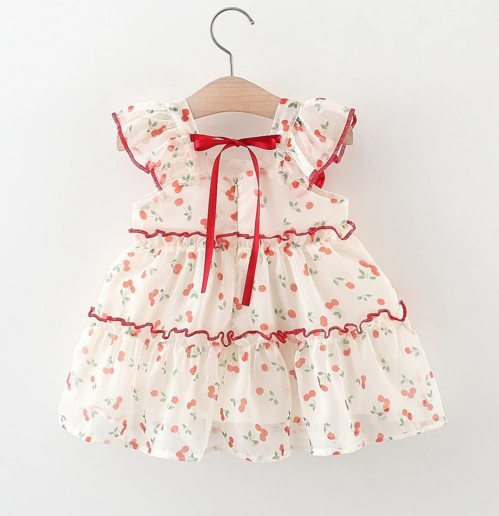 Baby 0-4 Years Old Summer New Sweet and Cute Bow Dress Dress Cherry Chiffon Skirt Girl Thousands of Net Gauze Idyllic Skirt