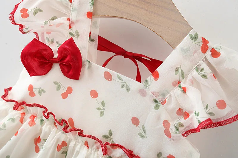 Baby 0-4 Years Old Summer New Sweet and Cute Bow Dress Dress Cherry Chiffon Skirt Girl Thousands of Net Gauze Idyllic Skirt