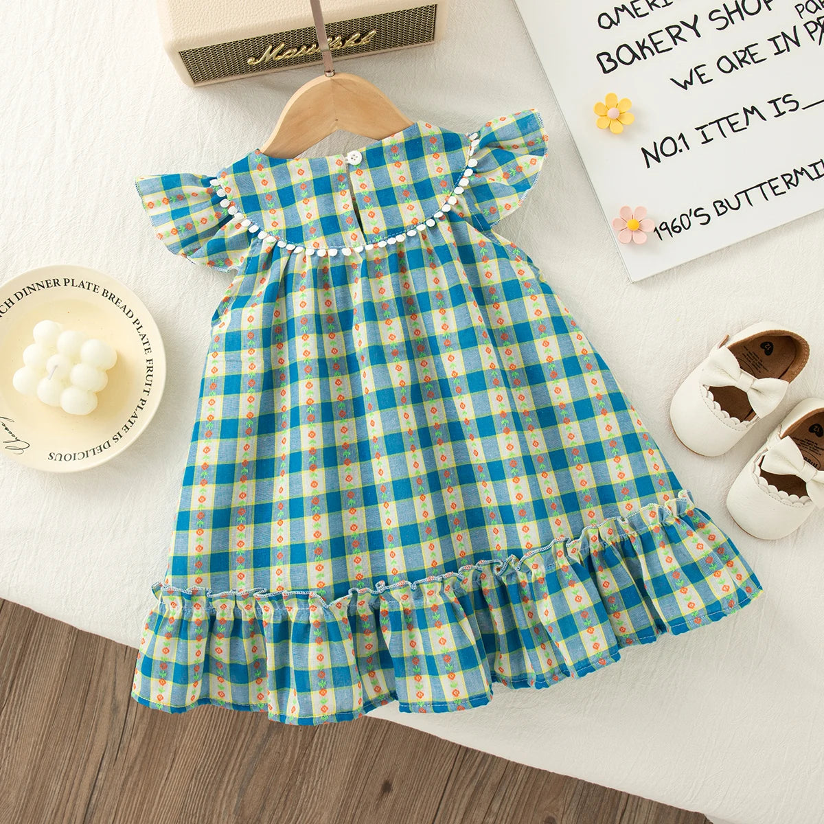 Baby Girl Dress Summer Blue Checkered Flower Cotton Girl Dress Cute Girl Princess Dress Baby Clothes Girl