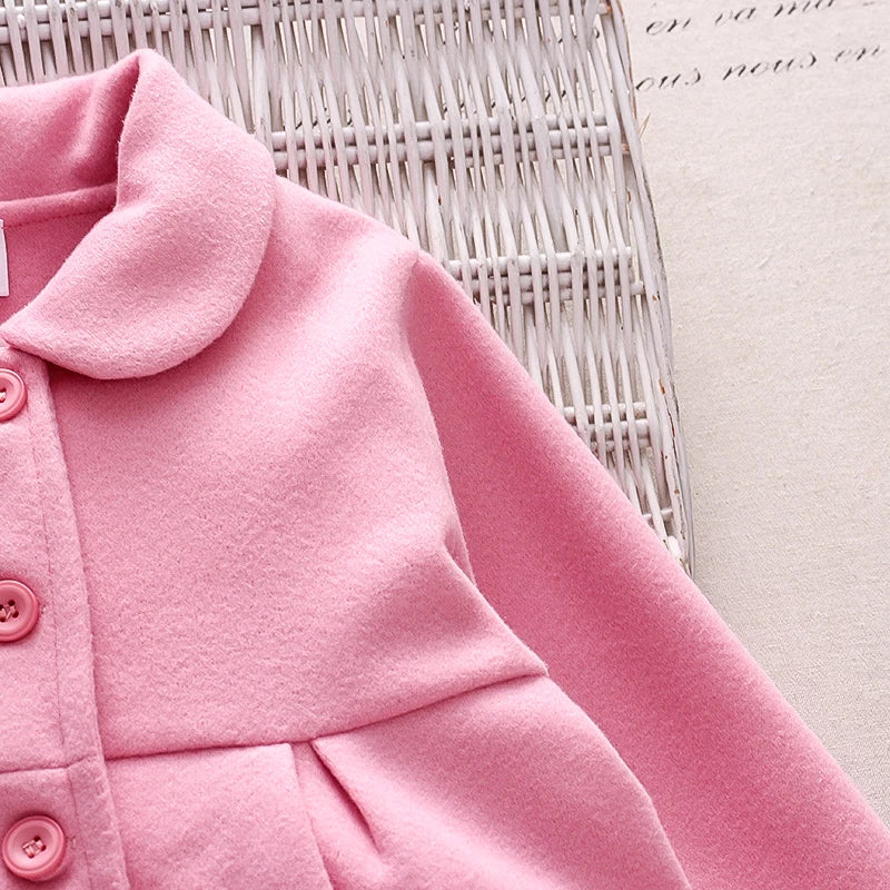Spring and Autumn Dress Girl Baby Pink Sweet Warm Flip Collar Button Long Sleeved Woolen Coat Korean Edition Coat