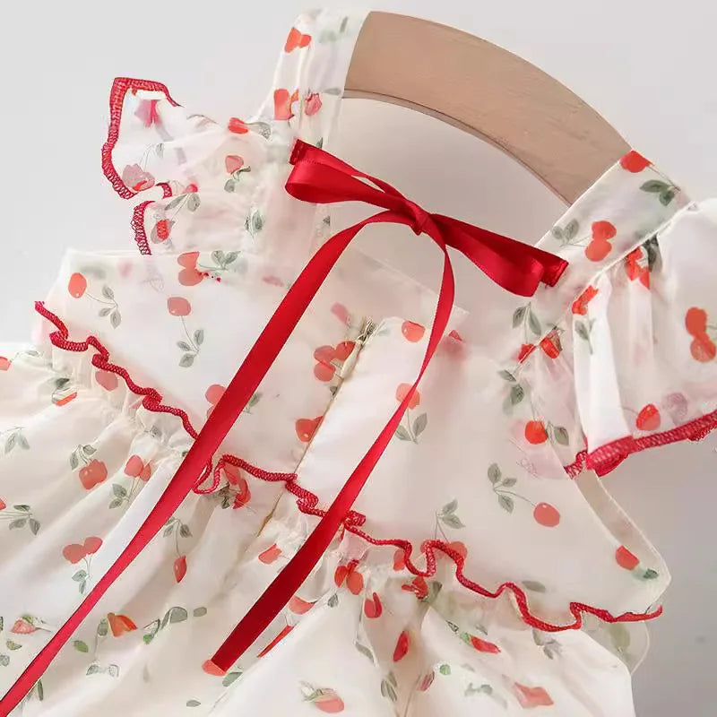 Baby 0-4 Years Old Summer New Sweet and Cute Bow Dress Dress Cherry Chiffon Skirt Girl Thousands of Net Gauze Idyllic Skirt