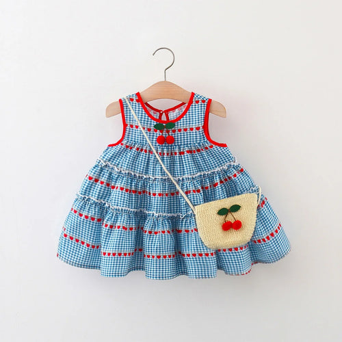 2 Pcs Baby Girl'S New Summer Dress with Sleeveless round Neck Plaid Heart Cherry Cotton Skirt and Diagonal Cross Bag Included
