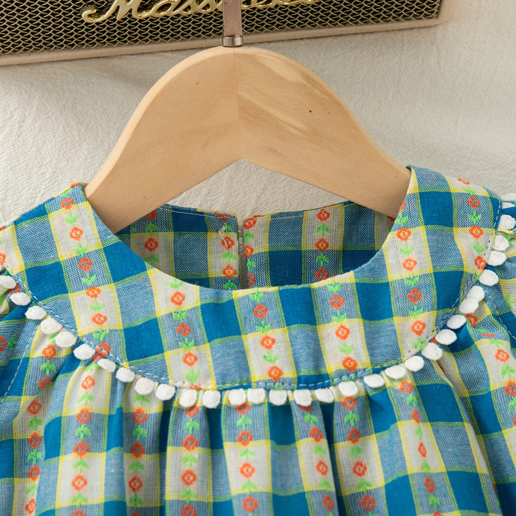 Baby Girl Dress Summer Blue Checkered Flower Cotton Girl Dress Cute Girl Princess Dress Baby Clothes Girl