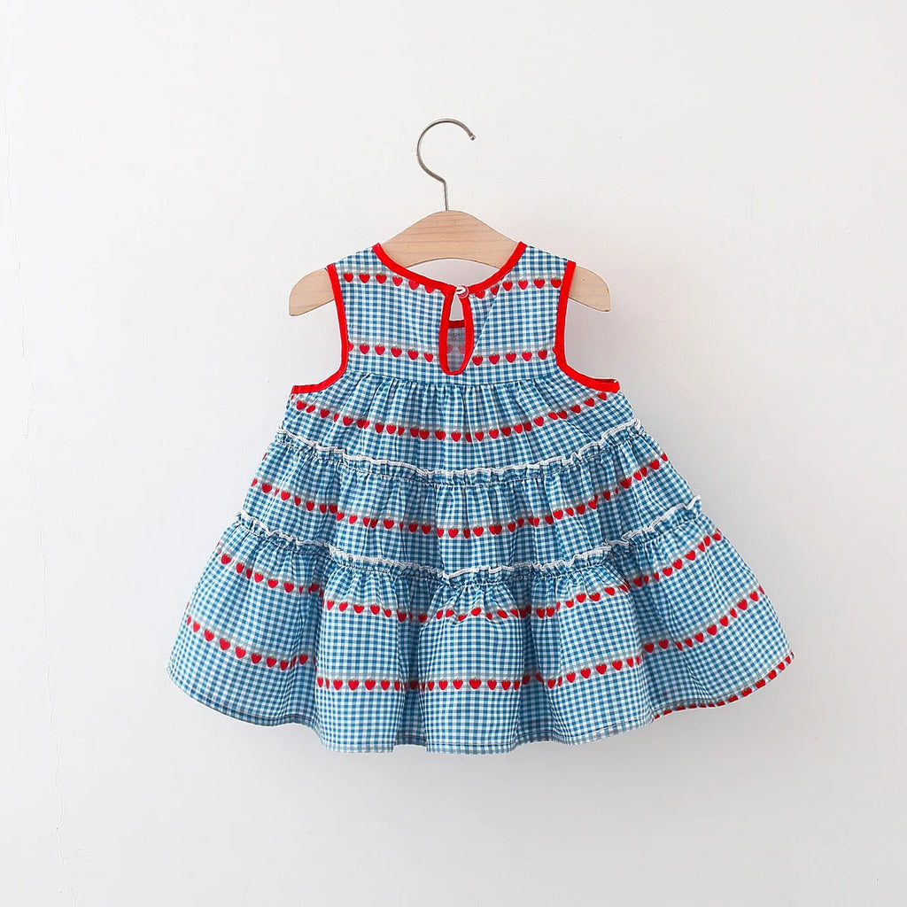 2 Pcs Baby Girl'S New Summer Dress with Sleeveless round Neck Plaid Heart Cherry Cotton Skirt and Diagonal Cross Bag Included