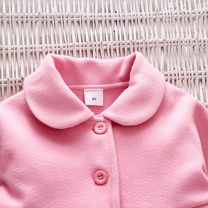 Spring and Autumn Dress Girl Baby Pink Sweet Warm Flip Collar Button Long Sleeved Woolen Coat Korean Edition Coat