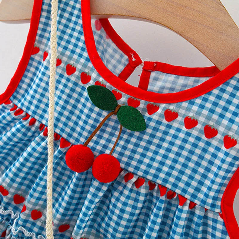 2 Pcs Baby Girl'S New Summer Dress with Sleeveless round Neck Plaid Heart Cherry Cotton Skirt and Diagonal Cross Bag Included