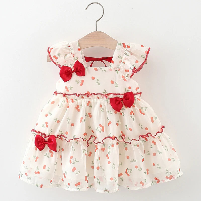 Baby 0-4 Years Old Summer New Sweet and Cute Bow Dress Dress Cherry Chiffon Skirt Girl Thousands of Net Gauze Idyllic Skirt