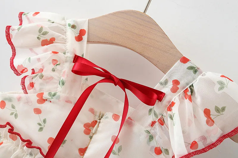 Baby 0-4 Years Old Summer New Sweet and Cute Bow Dress Dress Cherry Chiffon Skirt Girl Thousands of Net Gauze Idyllic Skirt