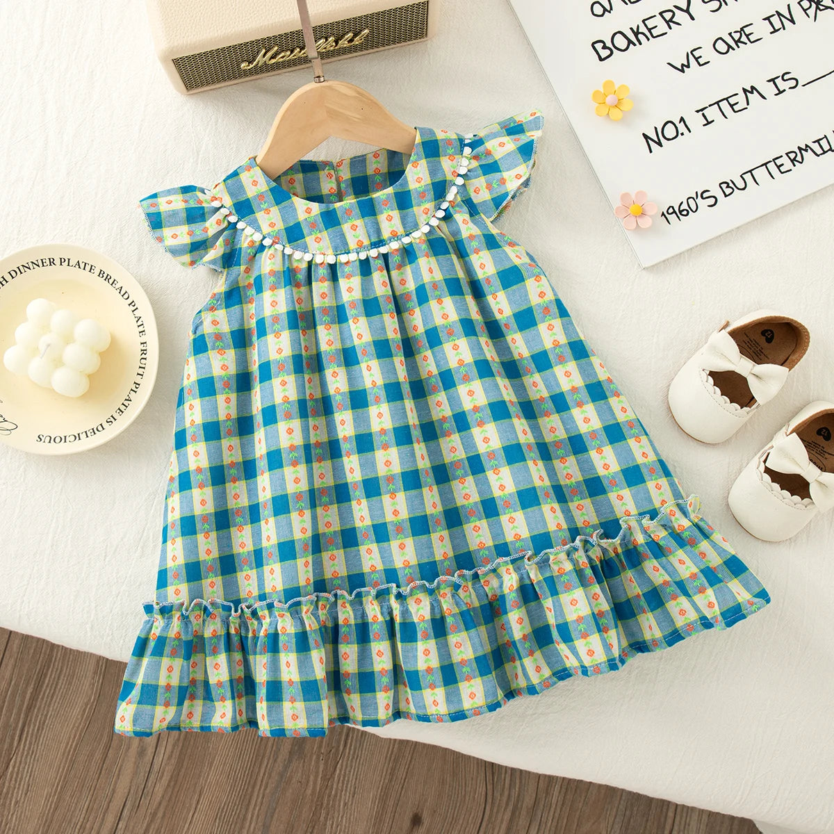 Baby Girl Dress Summer Blue Checkered Flower Cotton Girl Dress Cute Girl Princess Dress Baby Clothes Girl