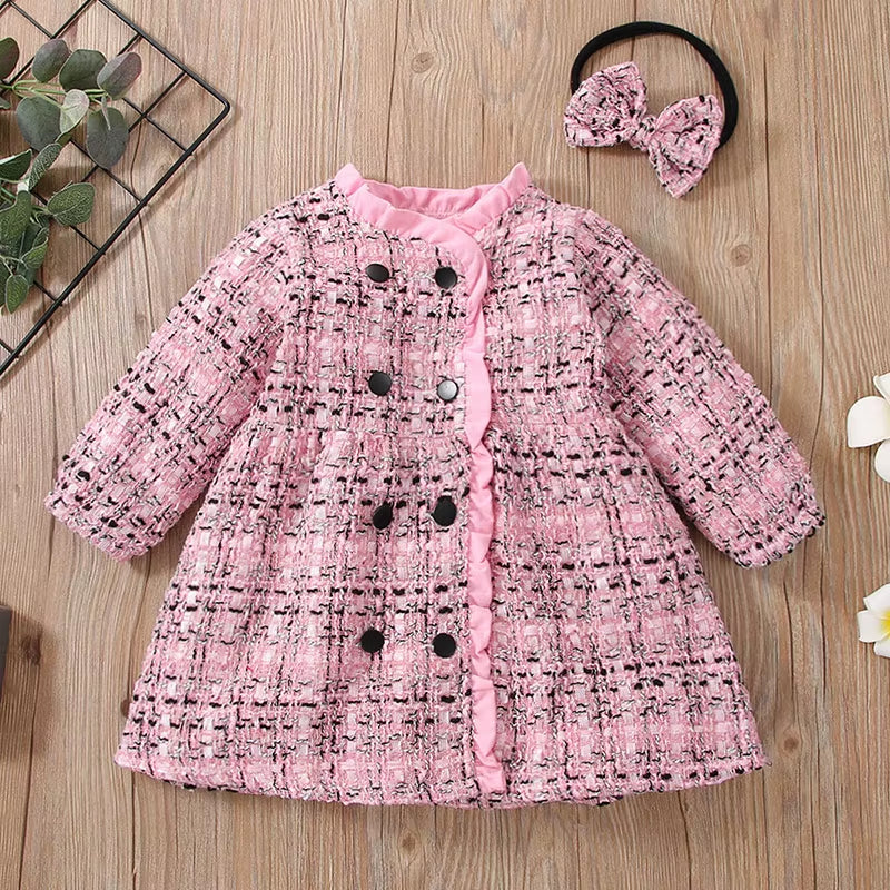 Autumn Kid Girl Dress Coats Fashion Plaid Long Sleeve Dress+Bow Headband Loose Infant Girl Frocks Toddler Outift Clothes A1346