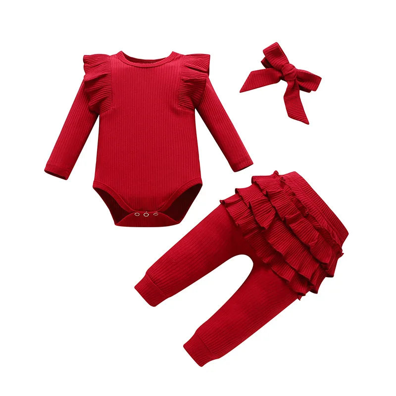 Newborn Baby Girls Clothes Infant Long Sleeve Ruffle Romper Bodysuits+Pants+Bow Headband 3Pcs Suit Children Toddler Outfit A422