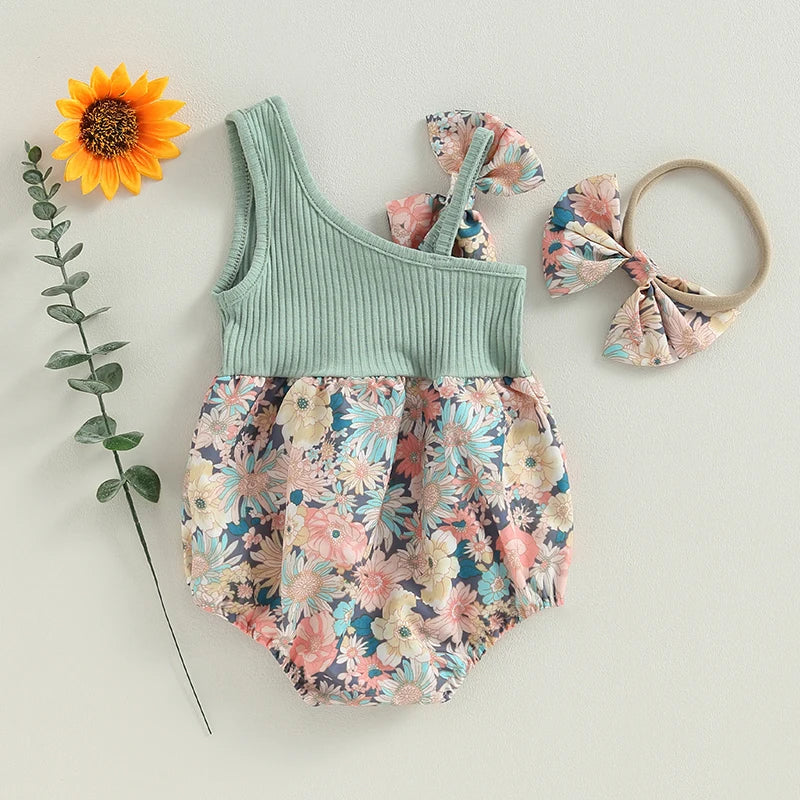 Infant Newborn Baby Girl Two Piece Outfits Summer Floral One Shoulder Romper and Stretch Headband Cute Clothes