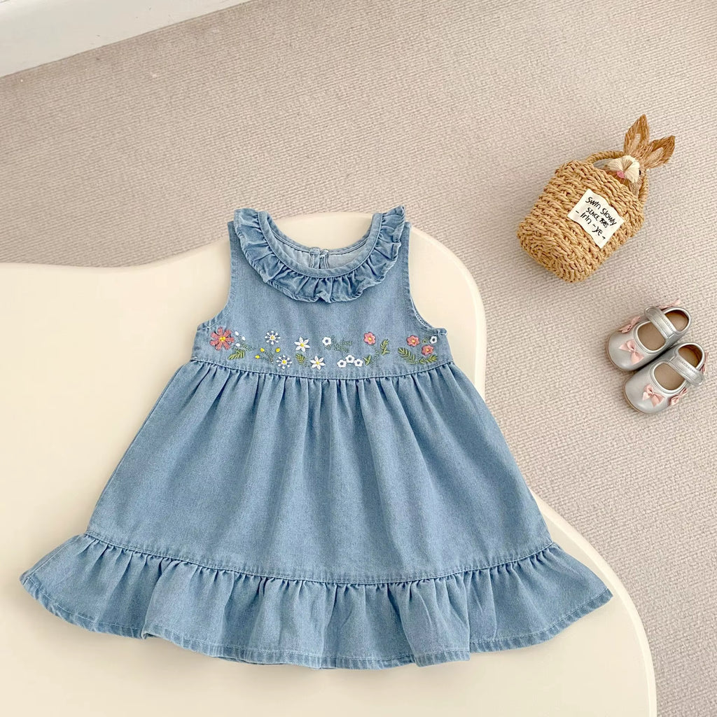 Summer New 0-3 Year Old Baby Clothing, Fashionable Denim Dress for Baby Girls, Embroidered Long Skirt