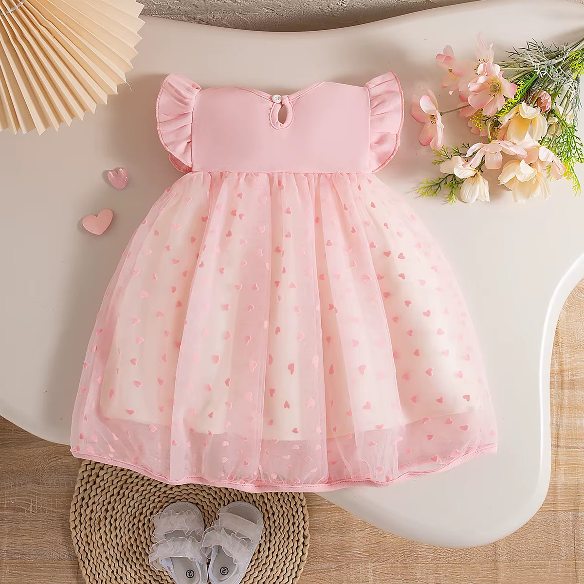 Baby Girl Dresses Summer New Flying Sleeve Love Embroidered Mesh Girl Dress Sweet Bow round Neck Baby Clothing