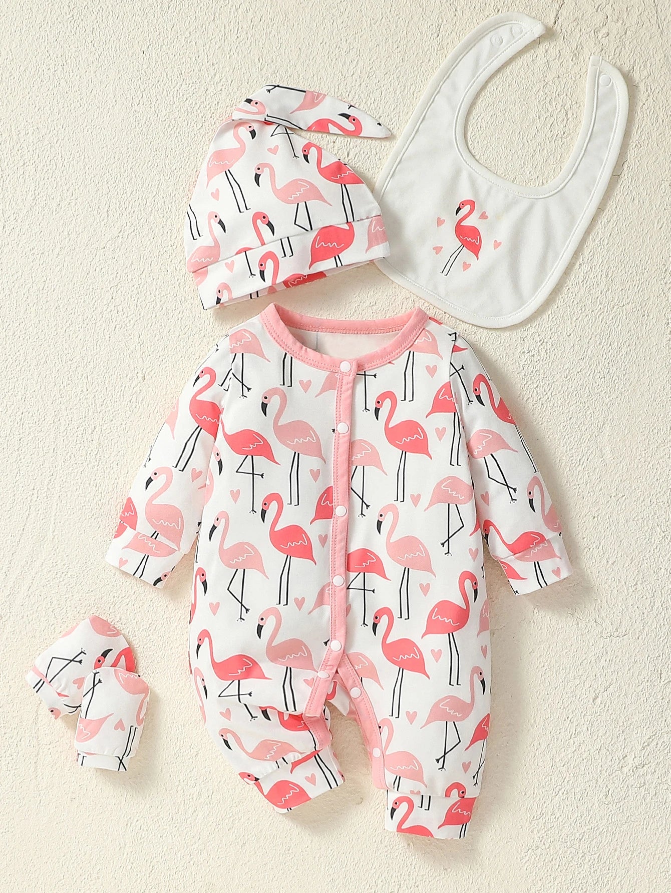 4Pcs 2024 Baby Clothes Cotton Newborn-6M Jumpsuit Cartoon Swan Print Girls Outfit Rompers Clothing+Hat+Bib+Gloves
