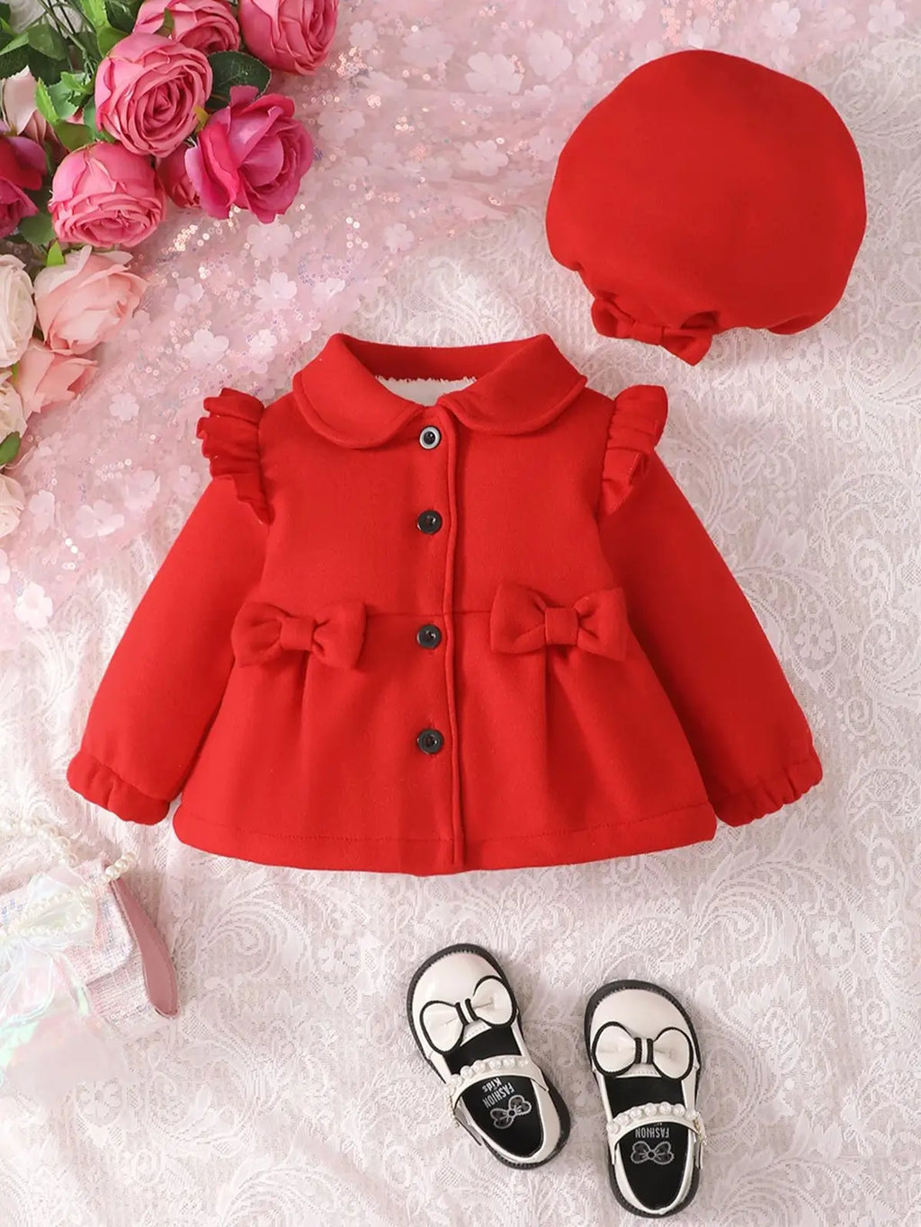 Baby Girls 6-24M Autumn and Winter Red Doll Collar Thick Long-Sleeved Woolen Coat Cute Bow Hat Everything with inside Plush Coat